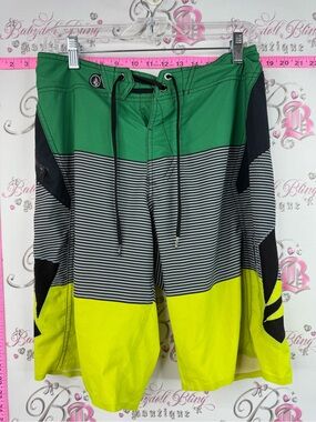 Volcom board shorts surf Green Black Neon Yellow Striped Board Shorts